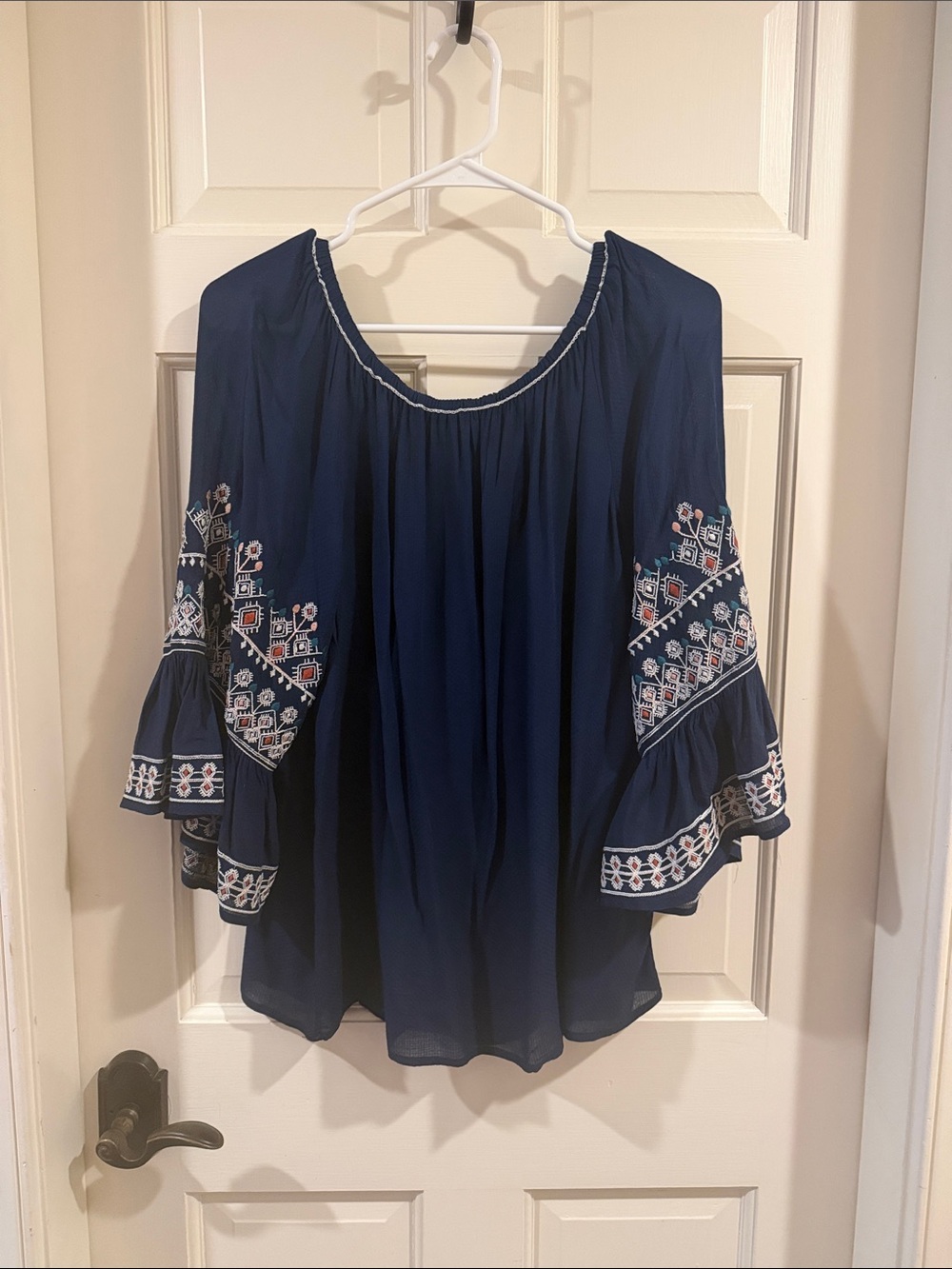 Max Studio Navy Boho Embroidered Peasant Blouse